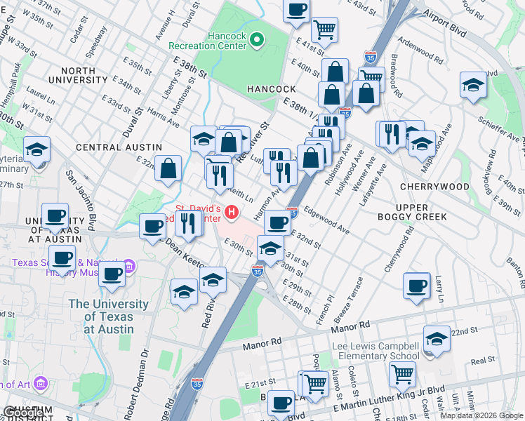 map of restaurants, bars, coffee shops, grocery stores, and more near 3233 Harmon Avenue in Austin