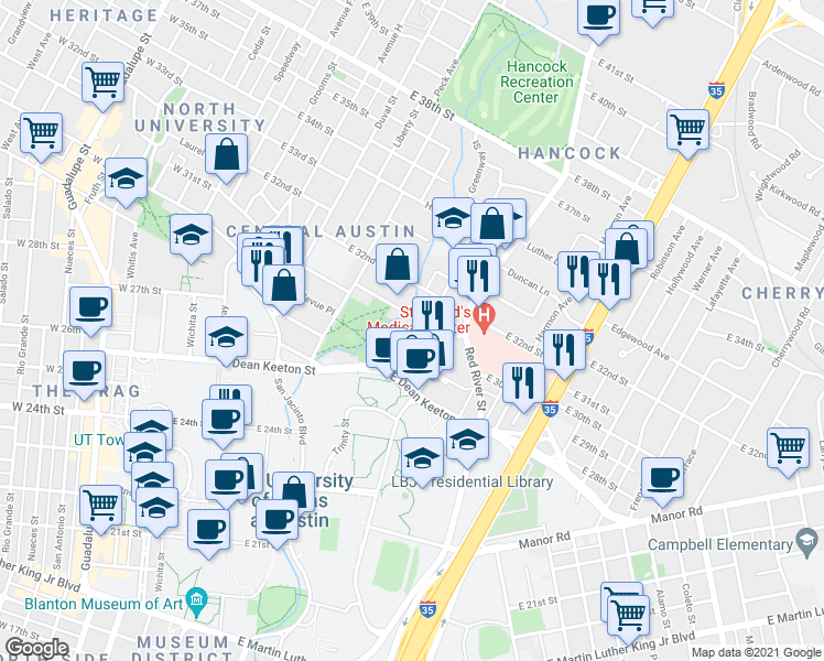 map of restaurants, bars, coffee shops, grocery stores, and more near 807 East 31st Street in Austin