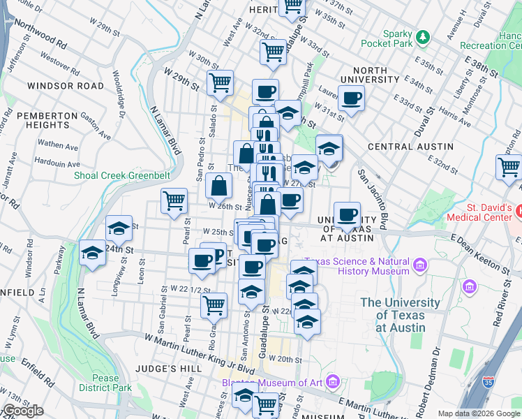 map of restaurants, bars, coffee shops, grocery stores, and more near 2604 Hume Place in Austin