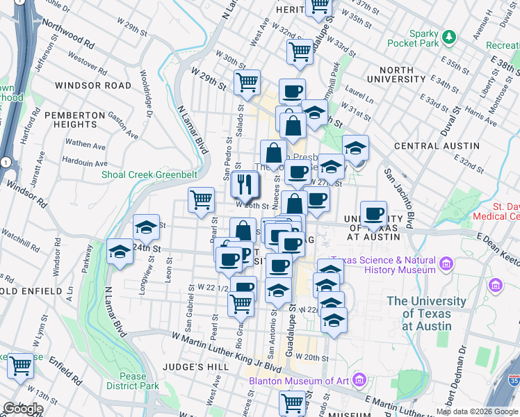 map of restaurants, bars, coffee shops, grocery stores, and more near 2606 Rio Grande Street in Austin