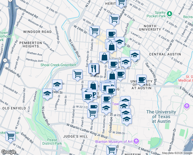map of restaurants, bars, coffee shops, grocery stores, and more near 2606 Rio Grande Street in Austin