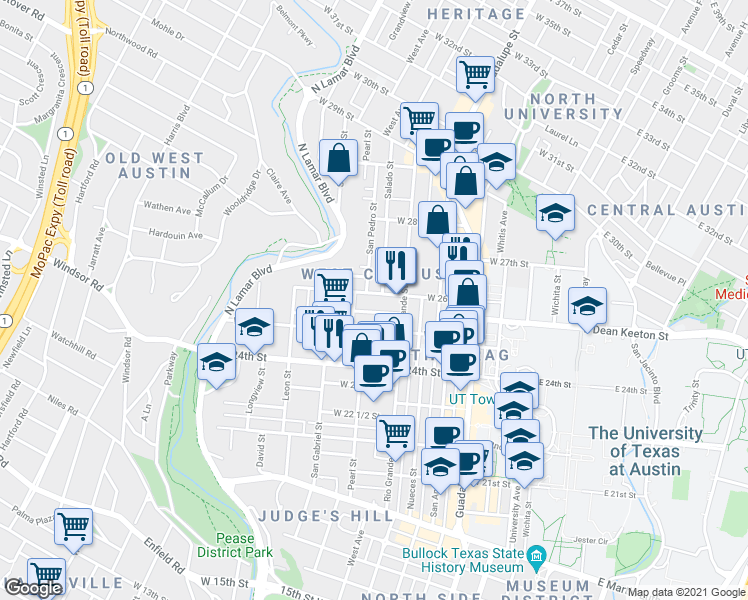 map of restaurants, bars, coffee shops, grocery stores, and more near in Austin