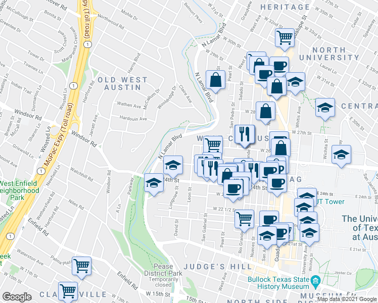 map of restaurants, bars, coffee shops, grocery stores, and more near 2518 Leon Street in Austin
