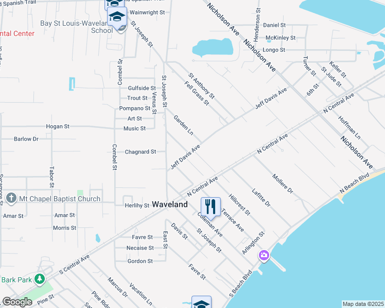 map of restaurants, bars, coffee shops, grocery stores, and more near 200 Jeff Davis Avenue in Waveland