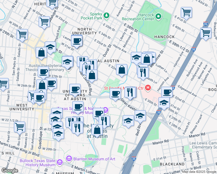map of restaurants, bars, coffee shops, grocery stores, and more near 3001 Harris Park Avenue in Austin
