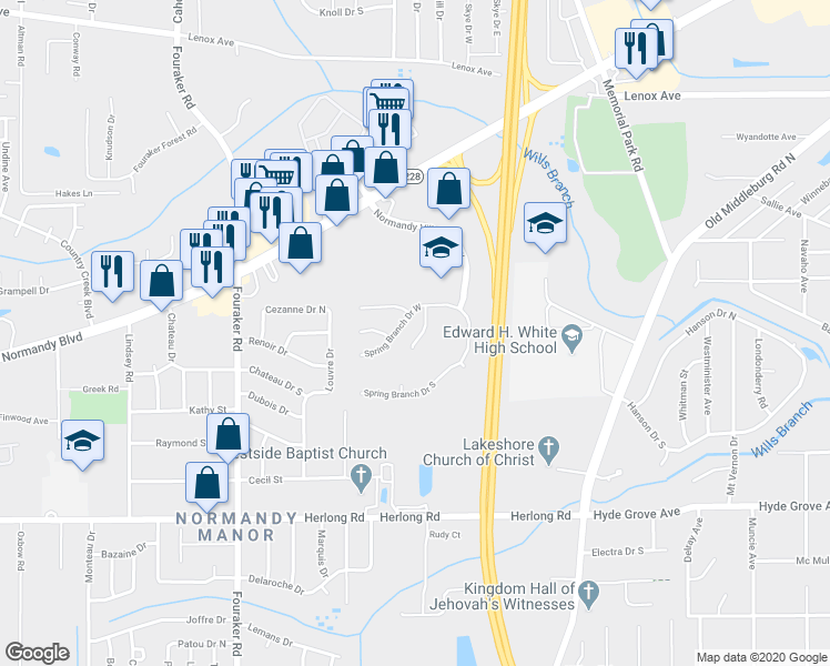 map of restaurants, bars, coffee shops, grocery stores, and more near 1646 Spring Oaks Lane in Jacksonville