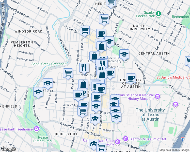 map of restaurants, bars, coffee shops, grocery stores, and more near Nueces St & W 26th St in Austin