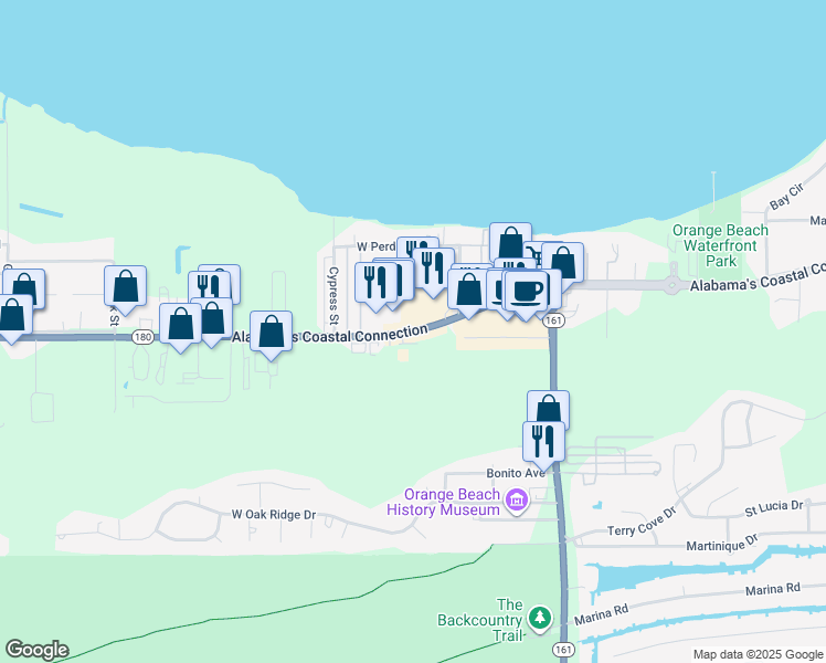 map of restaurants, bars, coffee shops, grocery stores, and more near Canal Road in Orange Beach