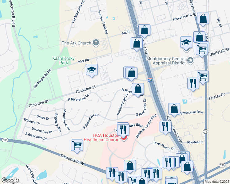 map of restaurants, bars, coffee shops, grocery stores, and more near 450 North Rivershire Drive in Conroe