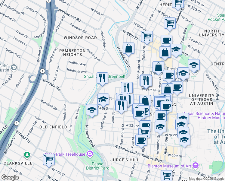 map of restaurants, bars, coffee shops, grocery stores, and more near 2510 Leon Street in Austin