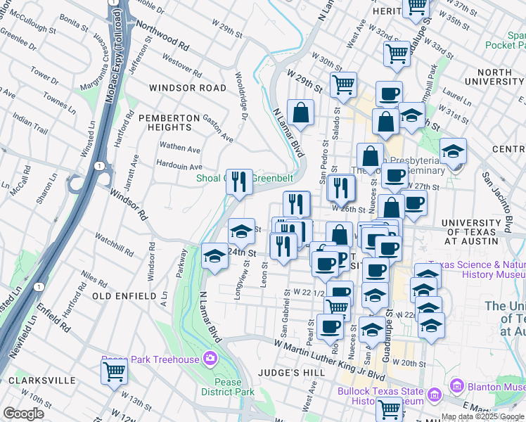 map of restaurants, bars, coffee shops, grocery stores, and more near 2510 Leon Street in Austin