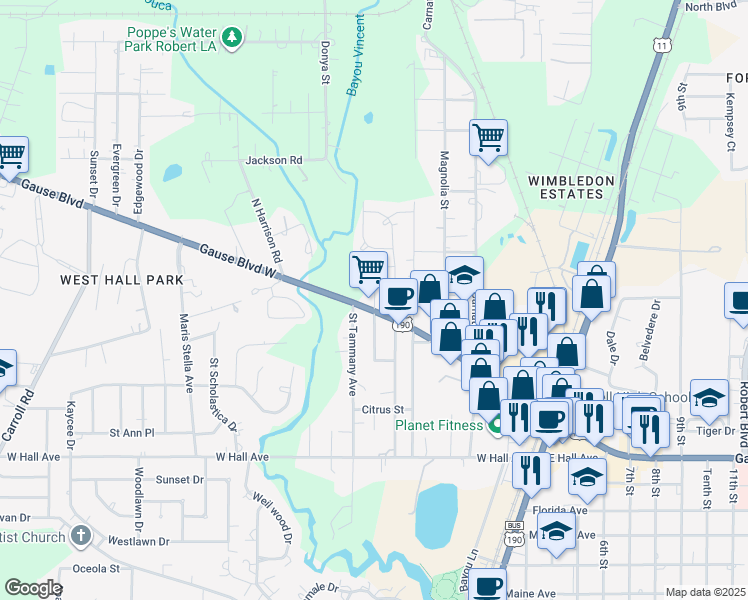 map of restaurants, bars, coffee shops, grocery stores, and more near 961 North Audubon Street in Slidell