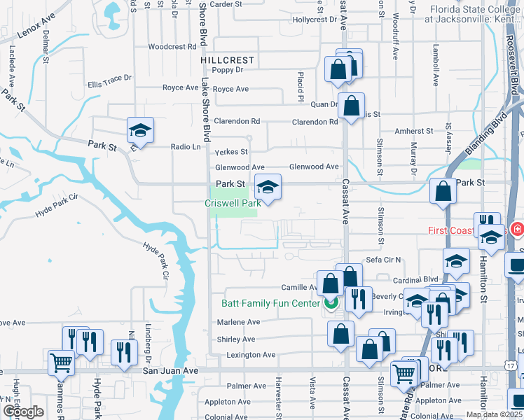 map of restaurants, bars, coffee shops, grocery stores, and more near 5300 Park Street in Jacksonville