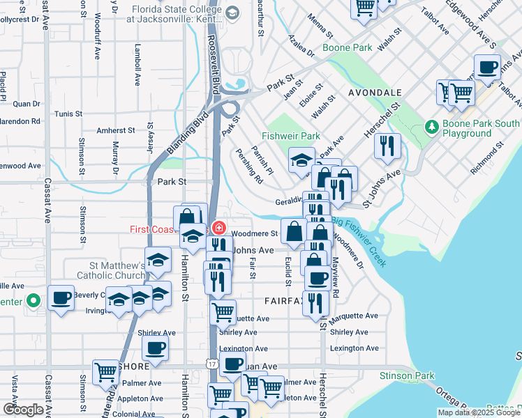 map of restaurants, bars, coffee shops, grocery stores, and more near 1658 Geraldine Drive in Jacksonville