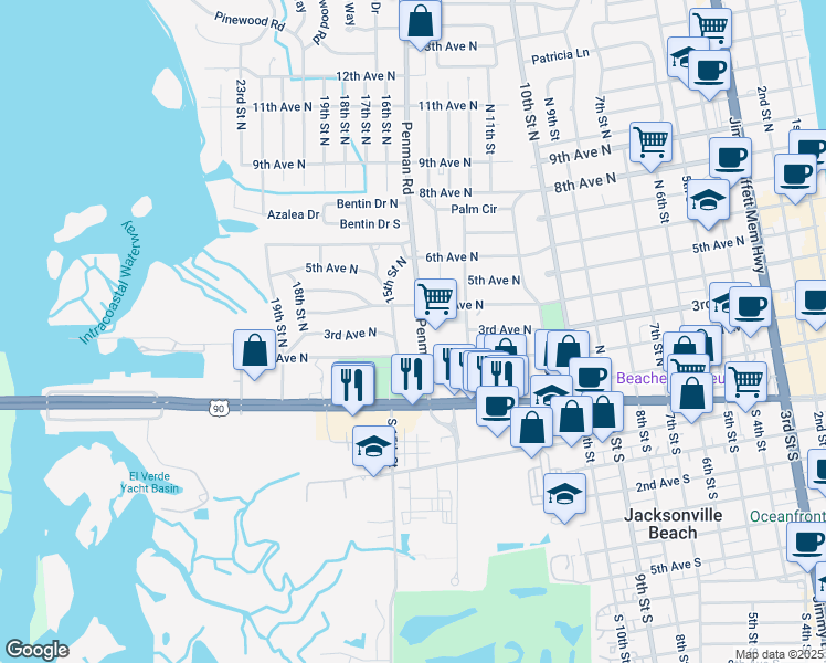 map of restaurants, bars, coffee shops, grocery stores, and more near 322 Penman Road in Jacksonville Beach
