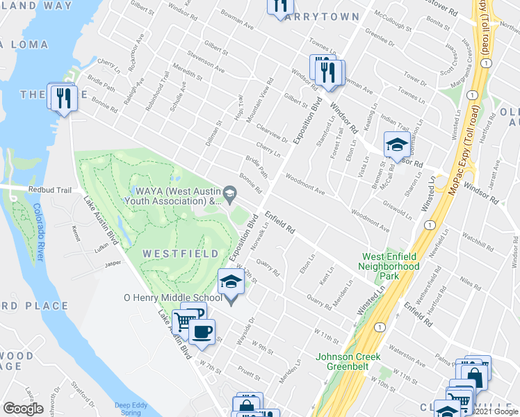 map of restaurants, bars, coffee shops, grocery stores, and more near Enfield Rd & Exposition Blvd in Austin