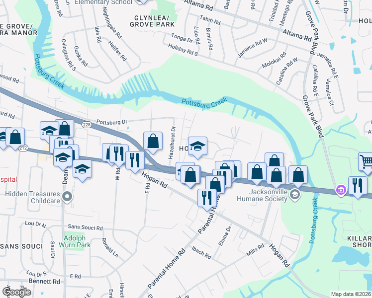 map of restaurants, bars, coffee shops, grocery stores, and more near 1716 El Camino Road in Jacksonville