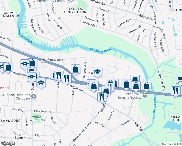 map of restaurants, bars, coffee shops, grocery stores, and more near 1714 El Prado Road in Jacksonville