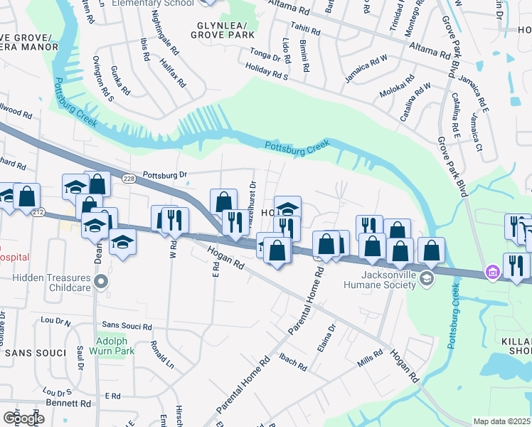 map of restaurants, bars, coffee shops, grocery stores, and more near 1714 El Prado Road in Jacksonville