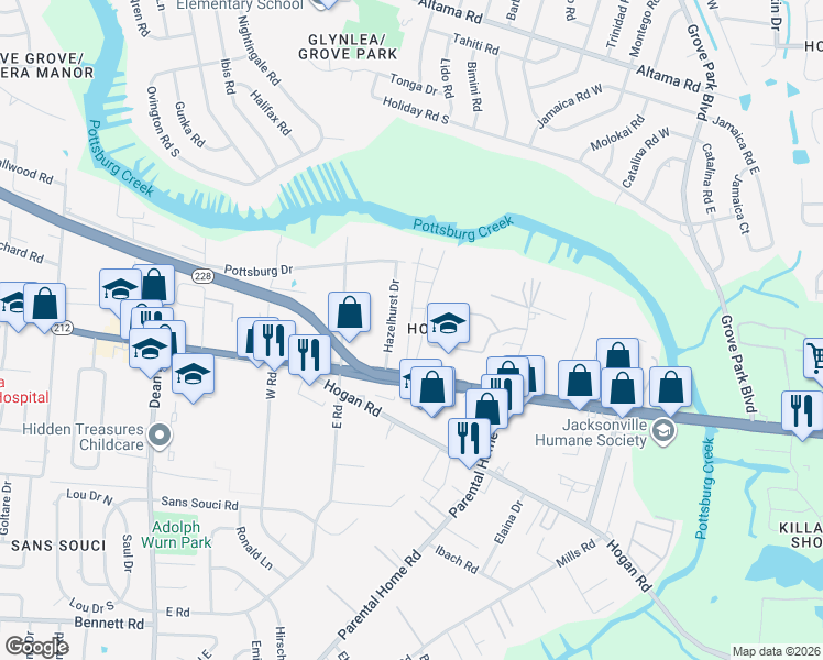 map of restaurants, bars, coffee shops, grocery stores, and more near 1716 El Camino Road in Jacksonville