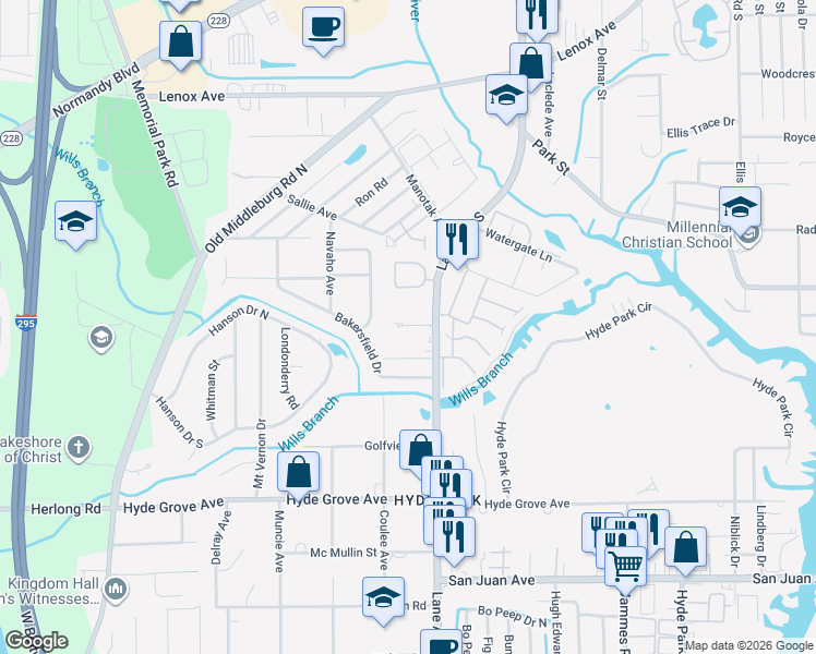 map of restaurants, bars, coffee shops, grocery stores, and more near in Jacksonville
