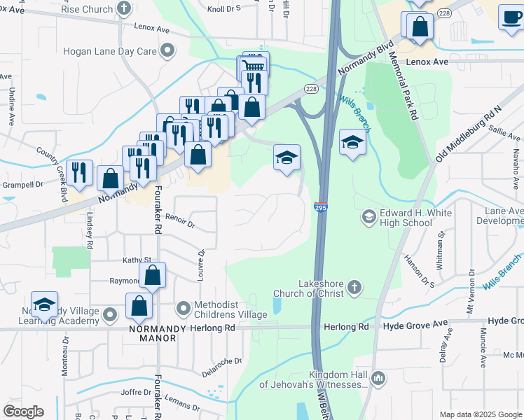 map of restaurants, bars, coffee shops, grocery stores, and more near 1634 Spring Branch Drive East in Jacksonville