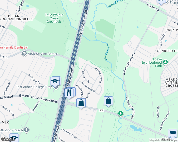 map of restaurants, bars, coffee shops, grocery stores, and more near 6007 Garden View Drive in Austin