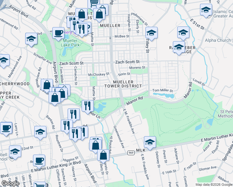map of restaurants, bars, coffee shops, grocery stores, and more near 3917 Threadgill Street in Austin