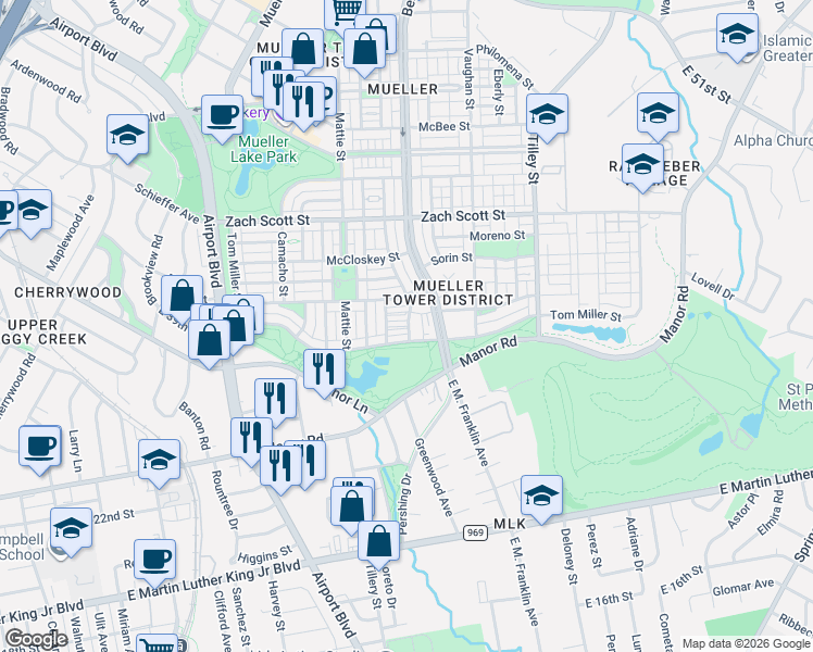 map of restaurants, bars, coffee shops, grocery stores, and more near 3917 Threadgill Street in Austin