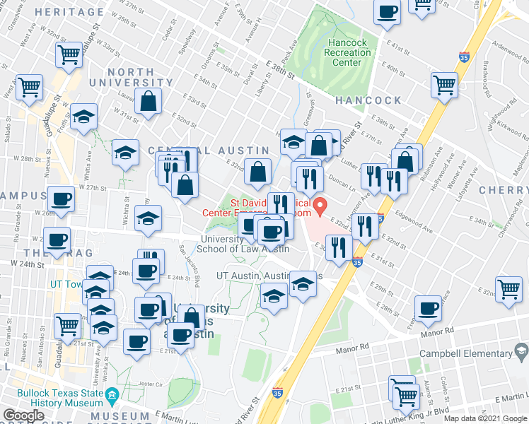 map of restaurants, bars, coffee shops, grocery stores, and more near 807 East 31st Street in Austin