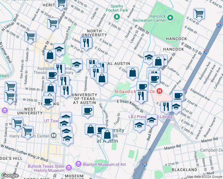 map of restaurants, bars, coffee shops, grocery stores, and more near 609 Bellevue Place in Austin