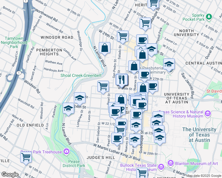 map of restaurants, bars, coffee shops, grocery stores, and more near in Austin