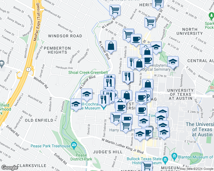 map of restaurants, bars, coffee shops, grocery stores, and more near 914 West 26th Street in Austin