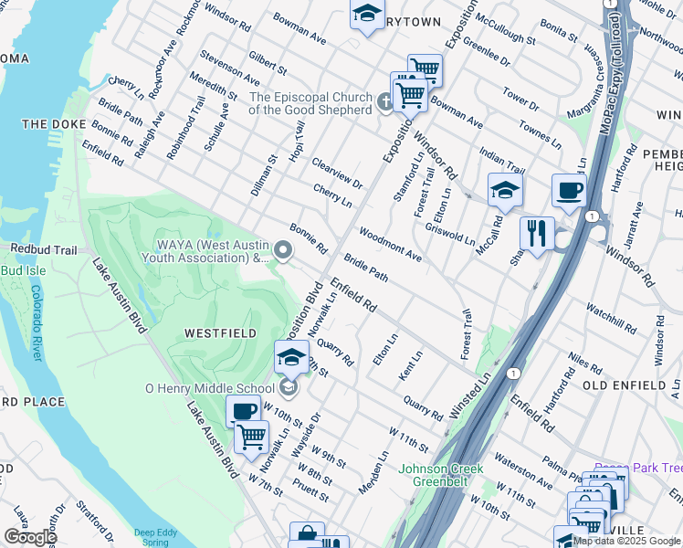 map of restaurants, bars, coffee shops, grocery stores, and more near 2617 Bridle Path in Austin