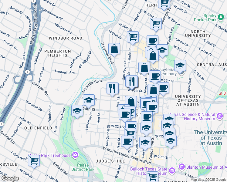 map of restaurants, bars, coffee shops, grocery stores, and more near 914 West 26th Street in Austin