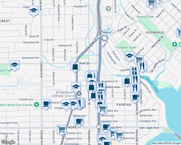 map of restaurants, bars, coffee shops, grocery stores, and more near 4525 Wheeler Avenue in Jacksonville