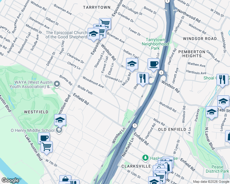 map of restaurants, bars, coffee shops, grocery stores, and more near 1710 McCall Road in Austin