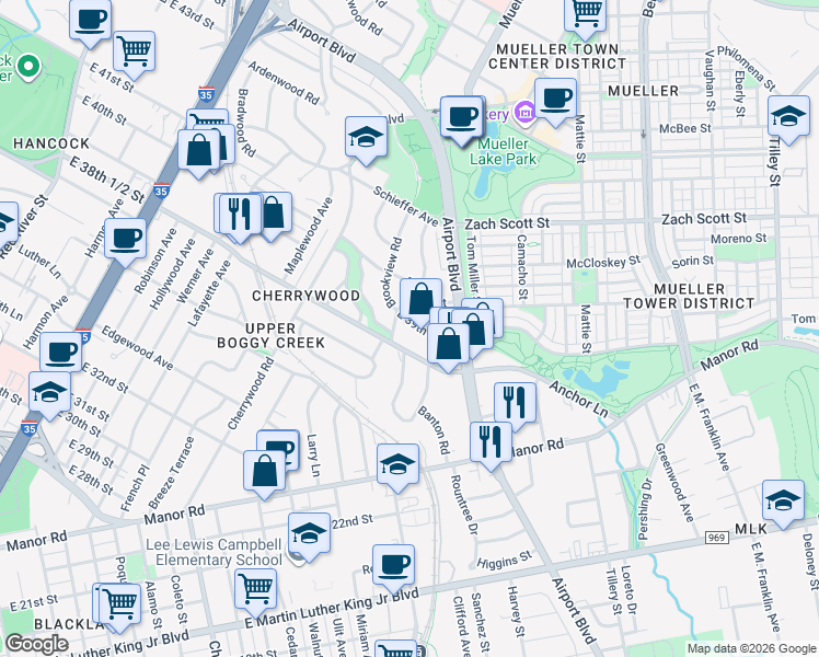 map of restaurants, bars, coffee shops, grocery stores, and more near 3815 Brookview Road in Austin