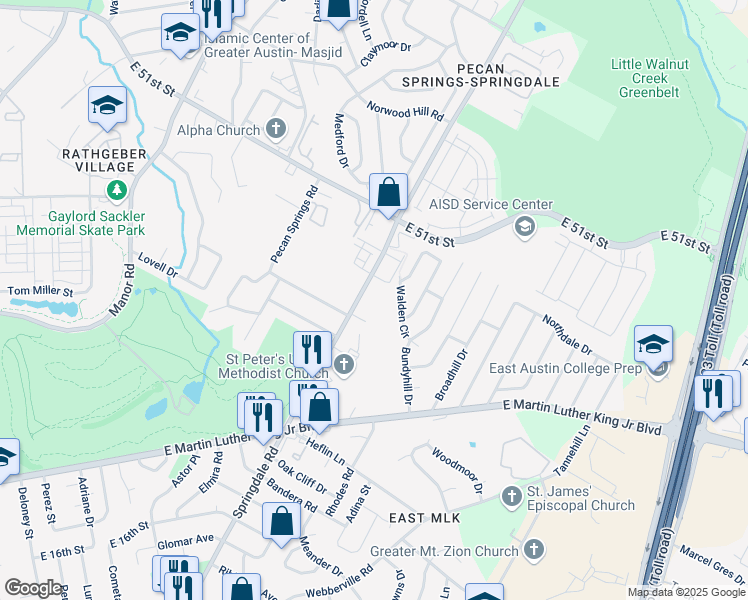 map of restaurants, bars, coffee shops, grocery stores, and more near 4801 Spring Meadow Cove in Austin