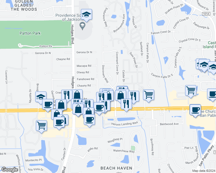 map of restaurants, bars, coffee shops, grocery stores, and more near 13820 Jaffa Court in Jacksonville