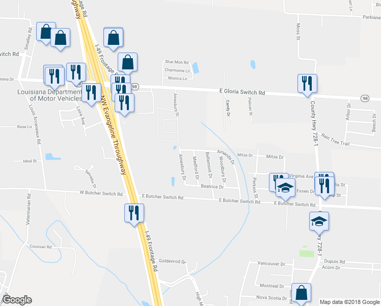map of restaurants, bars, coffee shops, grocery stores, and more near 217 Medford Drive in Lafayette