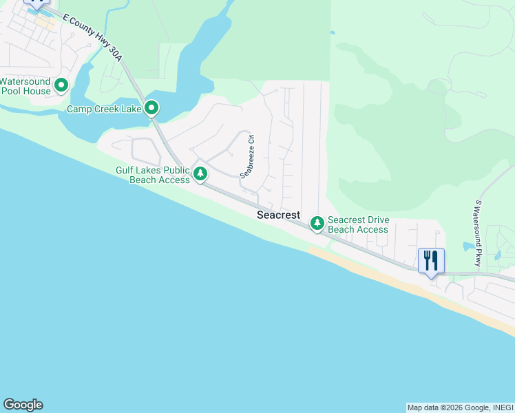 map of restaurants, bars, coffee shops, grocery stores, and more near 25 Seabreeze Trail in Seacrest