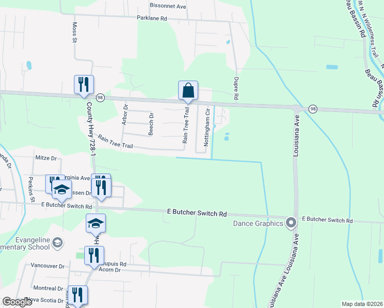 map of restaurants, bars, coffee shops, grocery stores, and more near 301 Nottingham Circle in Lafayette