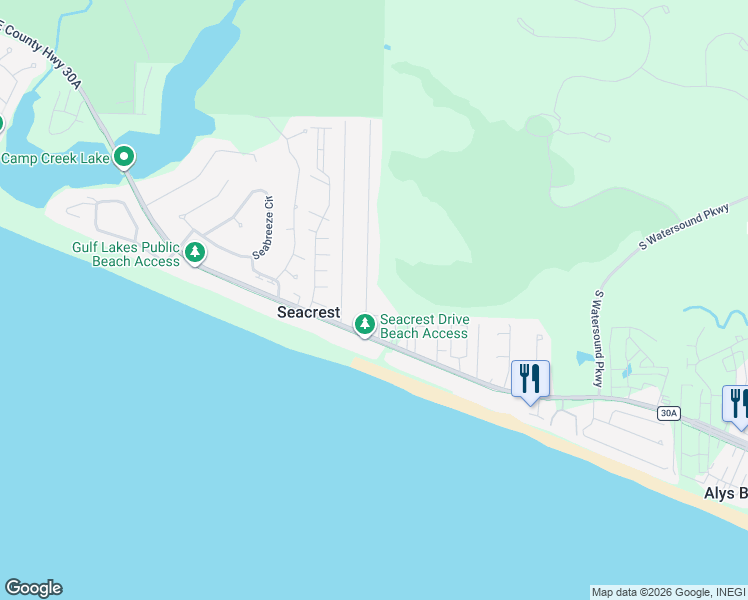 map of restaurants, bars, coffee shops, grocery stores, and more near 100 Seacrest Drive in Rosemary Beach