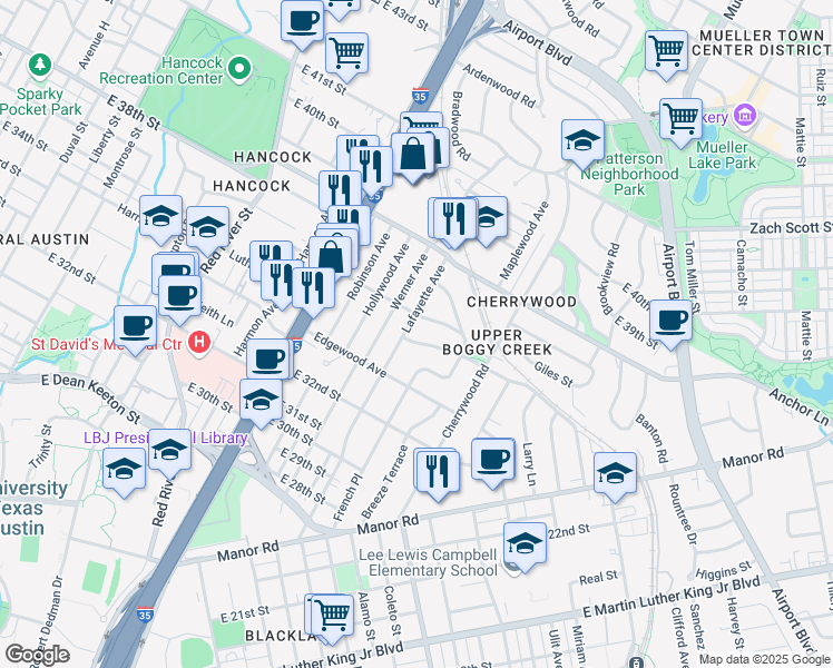 map of restaurants, bars, coffee shops, grocery stores, and more near 1402 East 34th Street in Austin