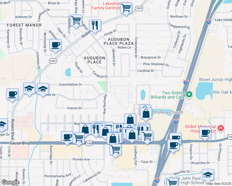 map of restaurants, bars, coffee shops, grocery stores, and more near 1502 Richmond Drive in Slidell