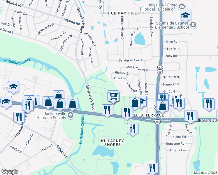 map of restaurants, bars, coffee shops, grocery stores, and more near 8601 Beach Boulevard in Jacksonville