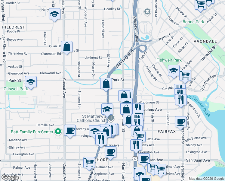 map of restaurants, bars, coffee shops, grocery stores, and more near 4567 Wheeler Avenue in Jacksonville