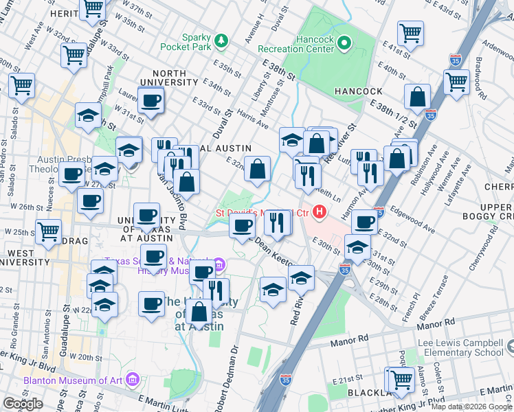map of restaurants, bars, coffee shops, grocery stores, and more near 807 East 31st Street in Austin