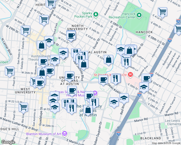 map of restaurants, bars, coffee shops, grocery stores, and more near 604 Elmwood Place in Austin